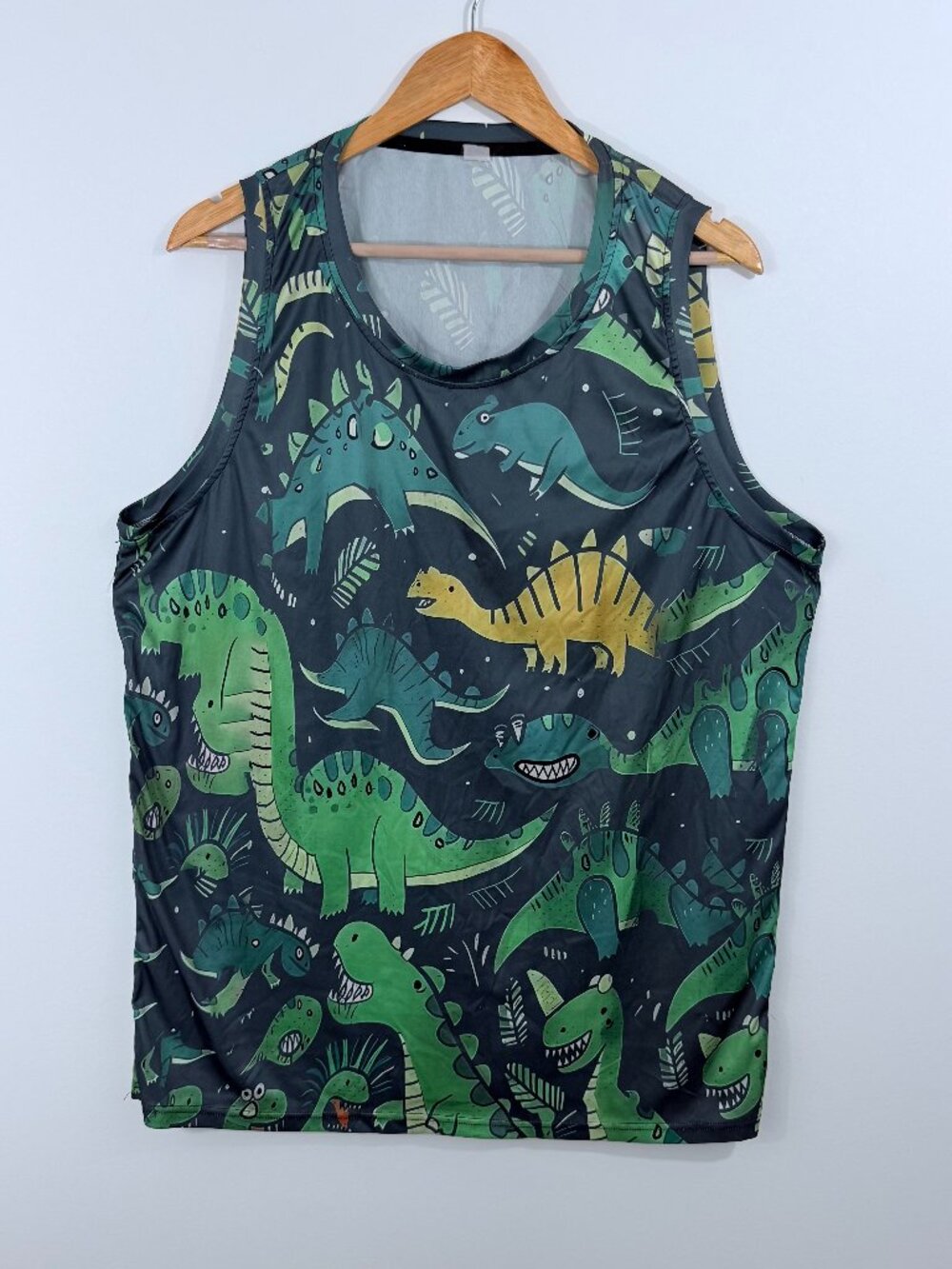 Men's All-Over Dinosaur Performance Muscle/Swim/Boat Tank Top – Size XL, approx.